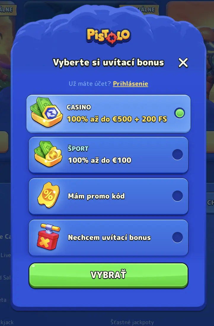 Pistolo Casino – Vyberte si svoj uvítací bonus: kasíno, šport, promo kód alebo žiadny Výber uvítacieho bonusu v Pistolo Casino – bonus do 500 € + 200 FS, športový bonus, promo kód alebo bez bonusu